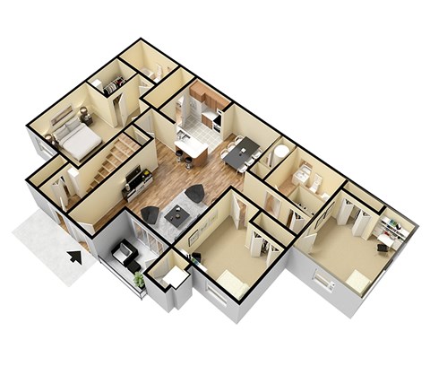 A 3D floor plan of a house with a kitchen, living room, and bedrooms.